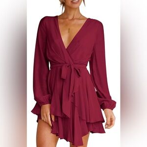 Women's Dress Deep V-Neck Long Sleeve Waist Tie Ruffle Mini Swing Skater Dresses